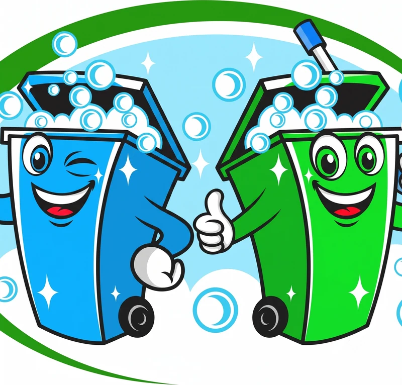Bin Brothers logo — a blue and a green trash cart covered in suds, giving a thumbs up